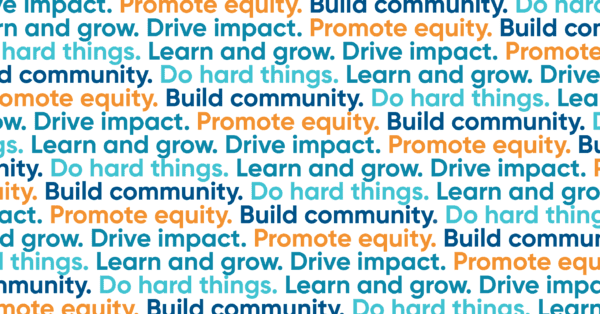 Making Waves Foundation core values repeated over and over. The values repeated are: Drive Impact, Promote Equity, Build Community, Do hard Things, and Learn and Grow.