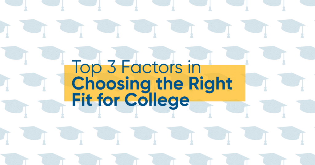 Graphic with blue graduation caps and text for Top 3 factors in choosing the right fit for college