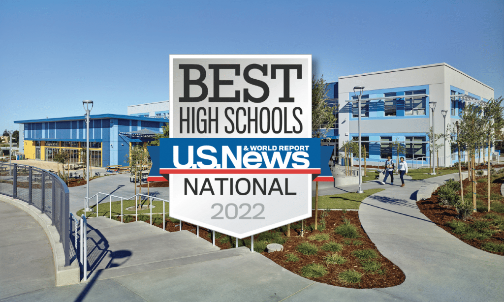 Photo of Making Waves Academy campus with badge overlay of Best High Schools from US News
