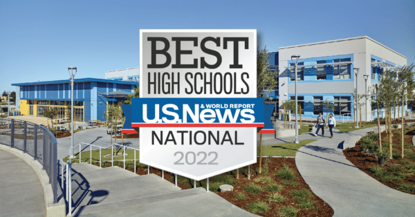 Photo of Making Waves Academy campus with badge overlay of Best High Schools from US News