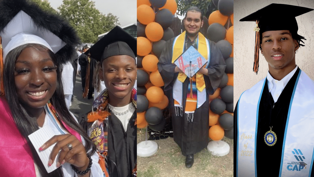 Photos of Re’Niyah Oliver and Brenten Williams, Salvador Sandoval Wence, and Brandon Williams in graduation attire