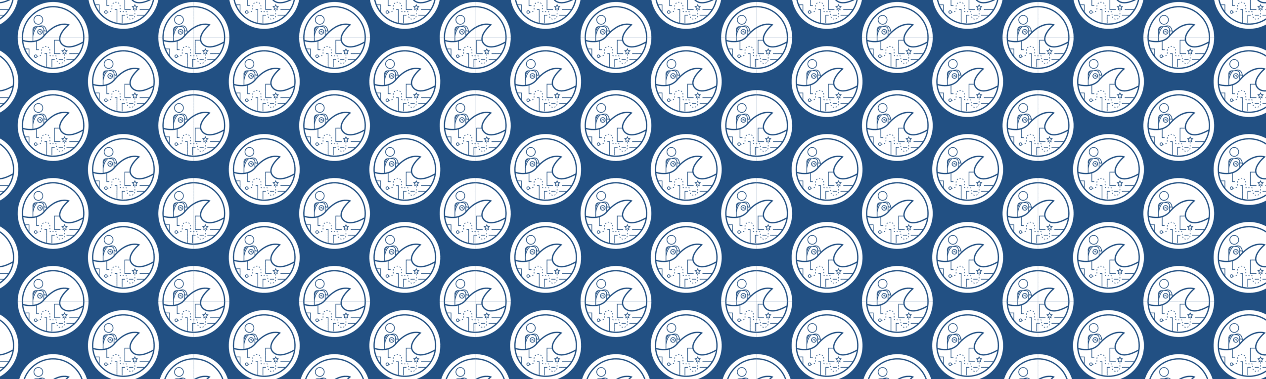 Blue background with repeated white icons with person, wave, and map