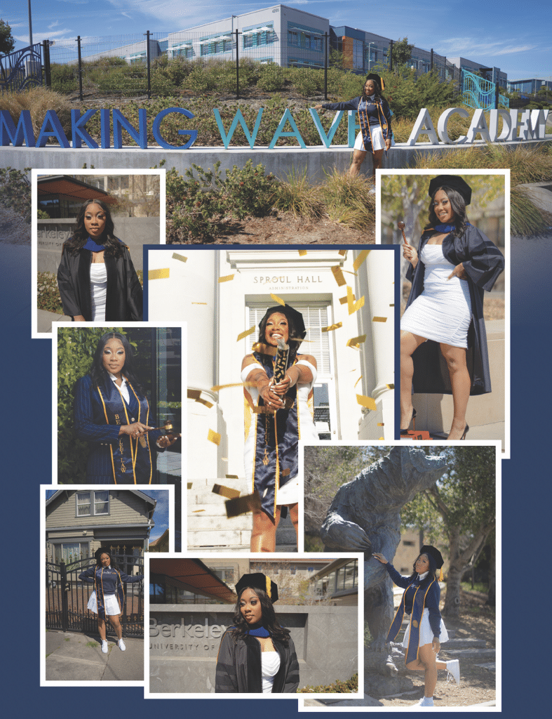 Collage of photos of Leaje at Making Waves Academy and UC Berkeley in graduation attire