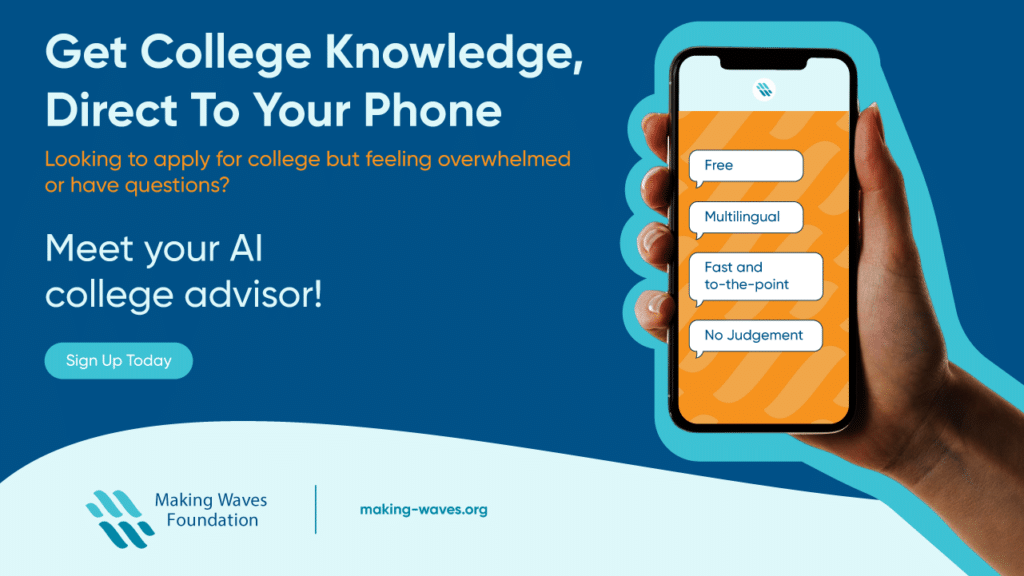 Blue graphic with illustration of phone and text for get college knowledge direct to your phone, meet your AI college advisor