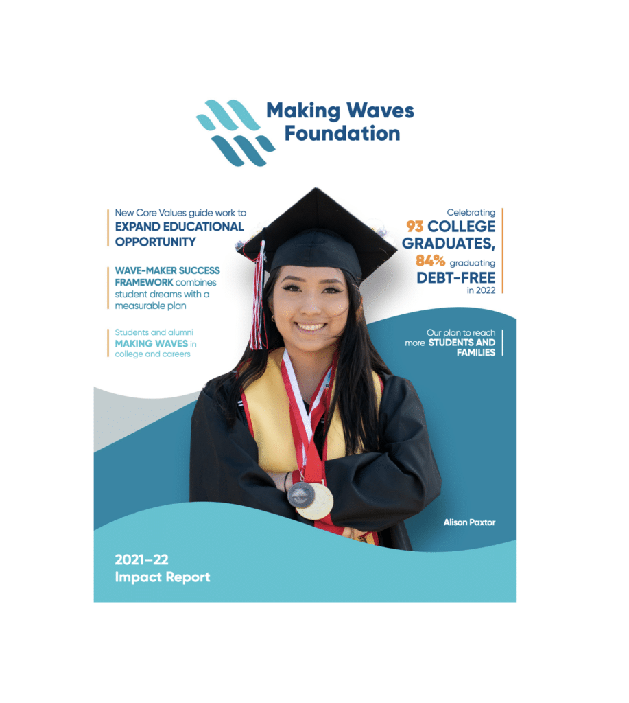 Image of front cover of impact report with Making Waves Foundation logo, wave elements, and photo of Alison Paxtor in graduation attire