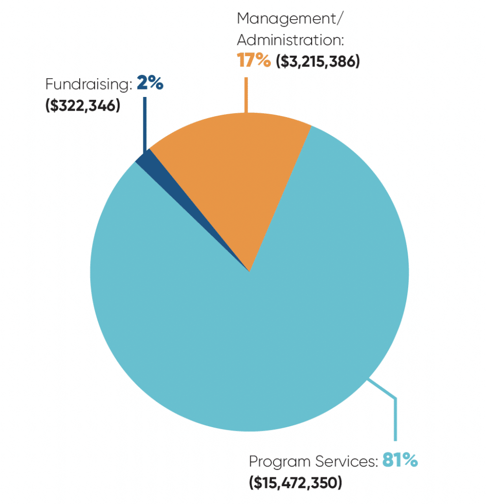 Pie chart with allocation of expenses - 2% fundraising in dark blue, 17% management/administrative in orange, and 81% program services in light blue