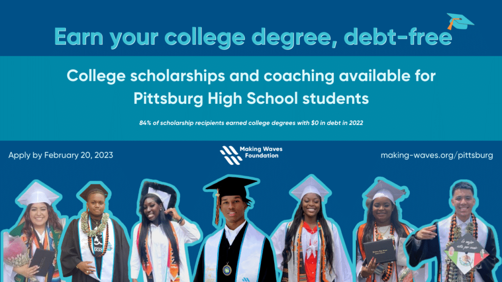 Blue graphic with text for College Scholarships Available for Pittsburg High School Students and images of seven Pittsburg gradates in graduation attire