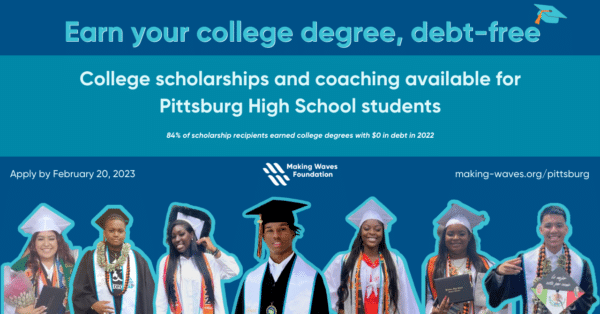 Blue graphic with text for College Scholarships Available for Pittsburg High School Students and images of seven Pittsburg gradates in graduation attire