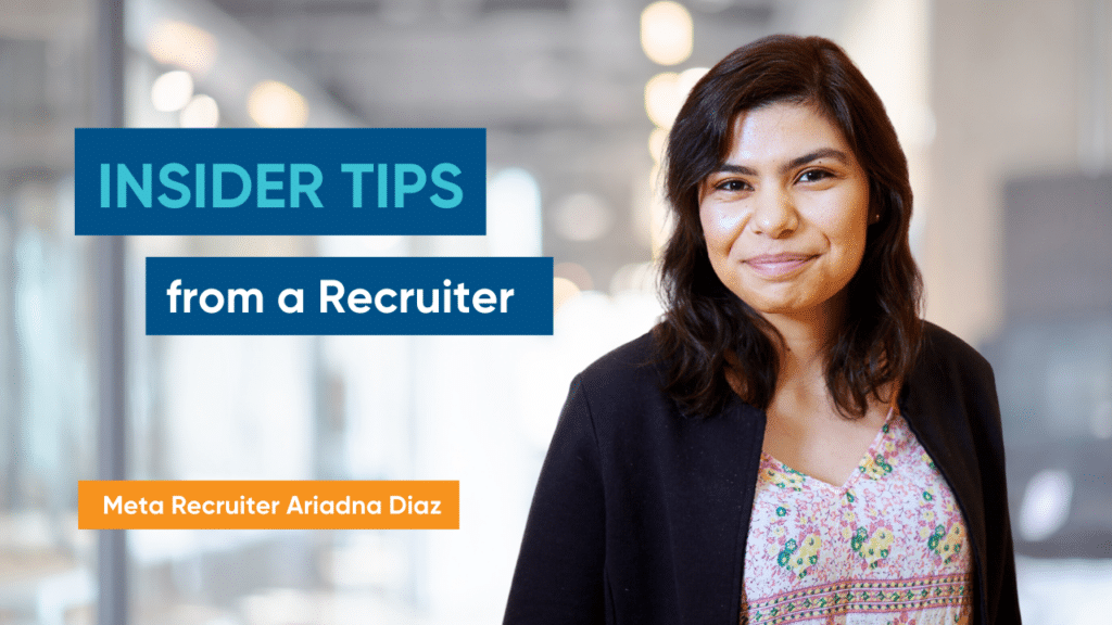 Picture of Ariadna Diaz and "Insider tips from a Recruiter" written in teal and white lettering to her left