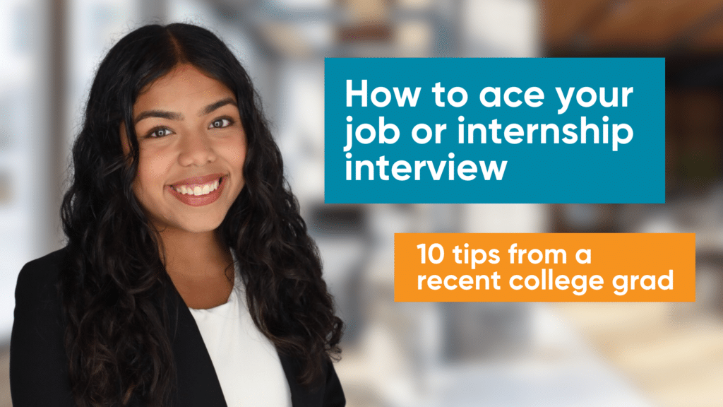 Photo of Elaine smiling in office setting with block text for how to ace the job or internship interview