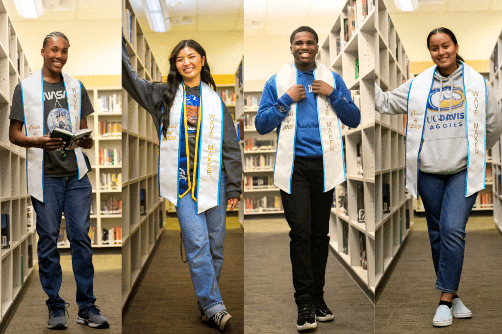 A 4 photo collage of different students posing in white Wave Maker grad stoles.