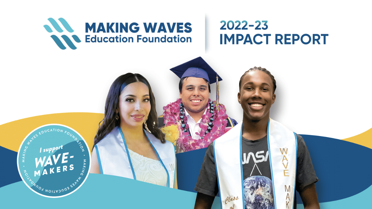 Graphic with photos of college graduates and waves with Making Waves logo and text for 2022-23 impact report