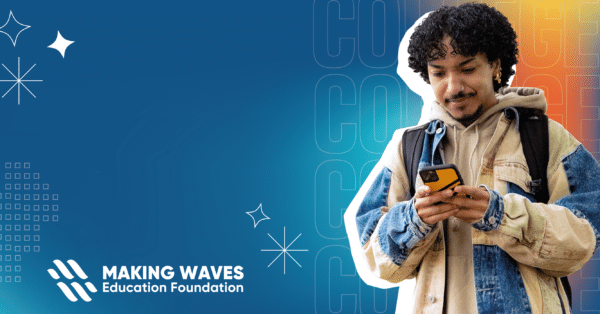 Graphic with blue and orange gradient and photo of student looking down at his phone