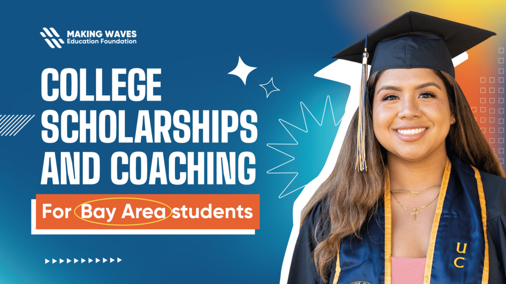 Graphic with blue gradient and photo of college graduate with text for college scholarships and coaching for Bay Area students