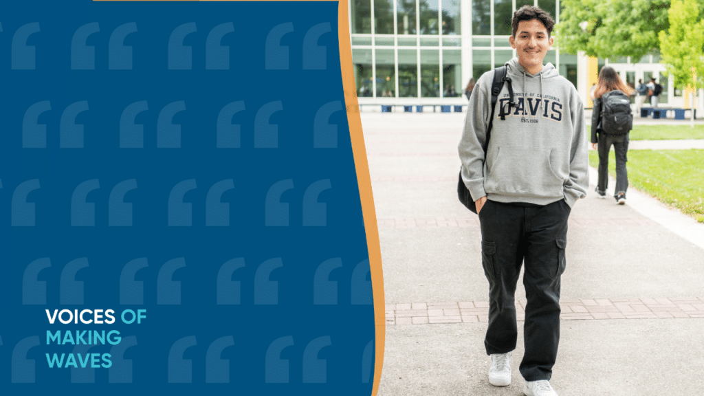 Anthony in UC Davis sweater and blue and orange wave with text for Voices of Making Waves