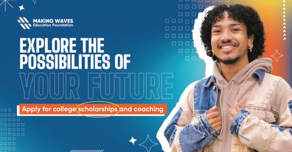 Photo of student smiling next to text that says explore the possibilities of your future apply for scholarships and coaching with blue and orange gradient background