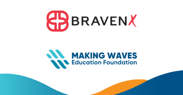 BravenX logo and Making Waves Education Foundation logo with blue and orange wave gradient underneath