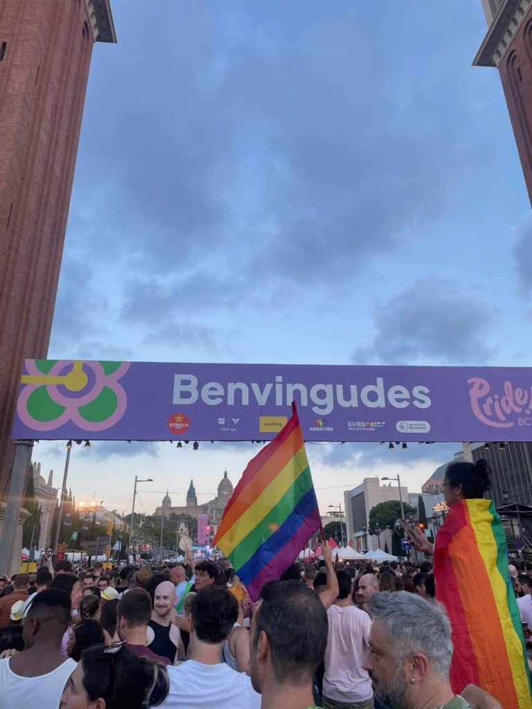 Photo of parade with rainbow flags and banner that says benvigues