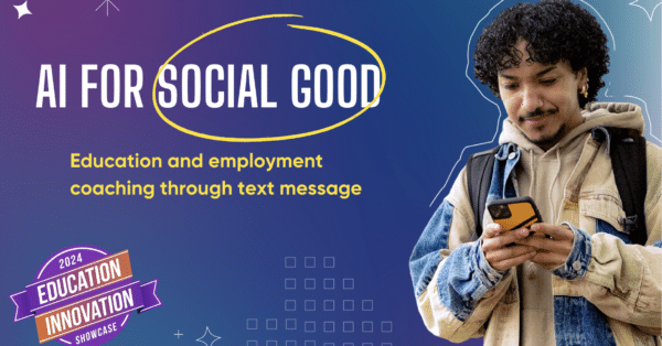 Purple and blue gradient graphic with photo of student texting on phone and text for AI for social good