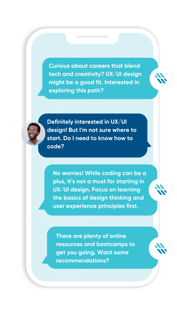 Phone text bubbles with conversation about interest in UX/UI and advice around learning basics of design