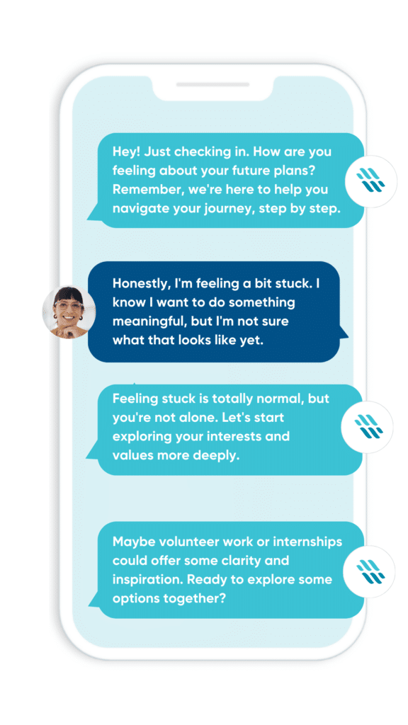 Phone bubbles with texts about feeling stuck with future plans and advice for exploring interests and values