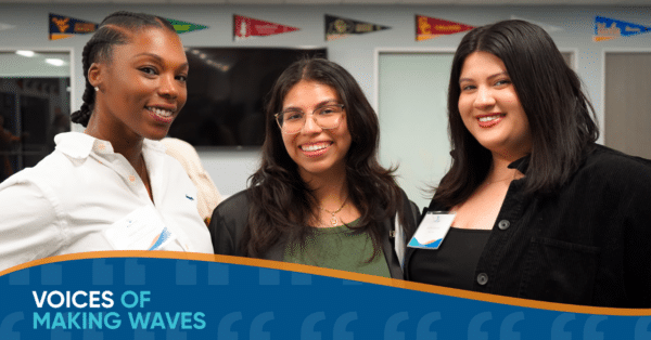 Photo of Ashley, Doris, and Jacqueline with blue wave underneath that says Voices of Making Waves