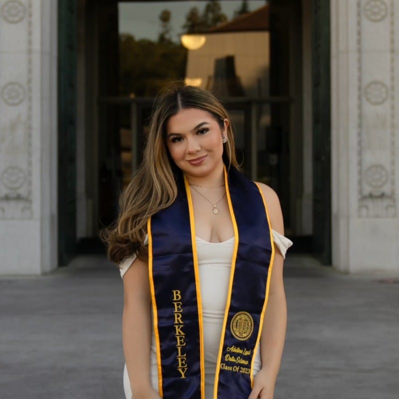 Adeline Leal smiling in UC Berkeley grad stole