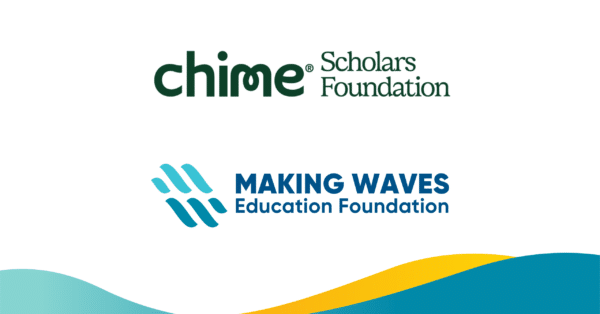 Chime Foundation logo with Making Waves logo and gradient wave underneath