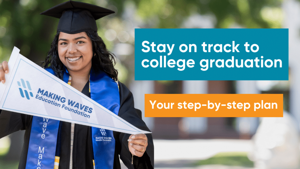 College grad in cap and gown next to text for stay on track to college graduation