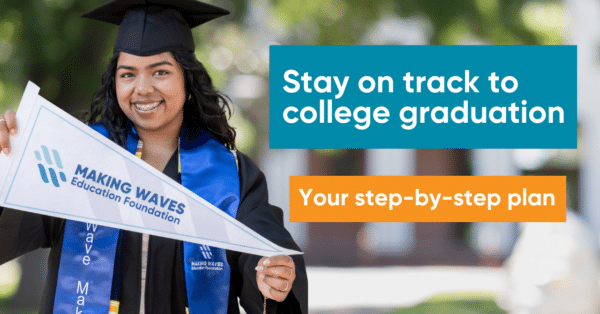 College grad in cap and gown next to text for stay on track to college graduation